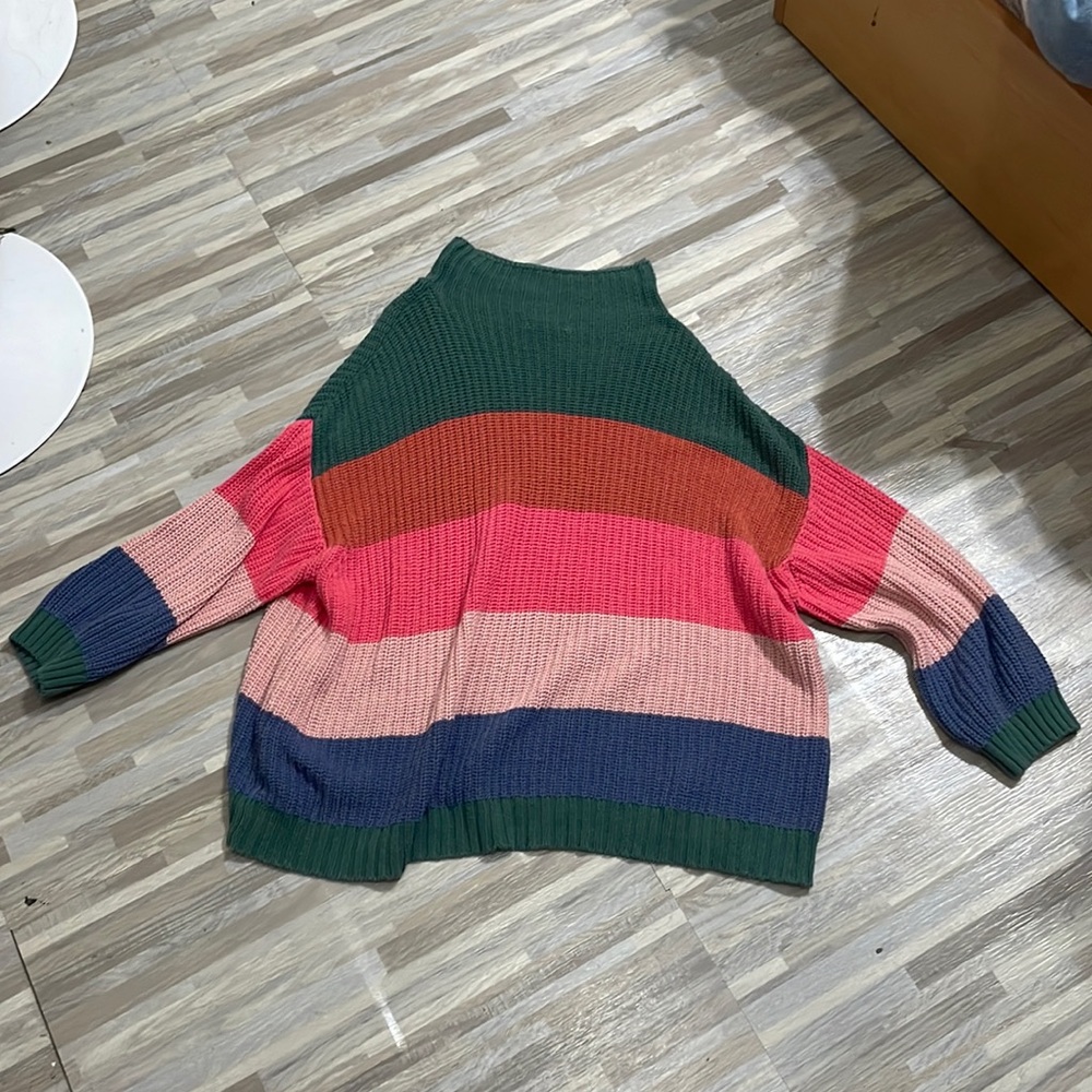 American Eagle Mock Neck Oversized Rainbow Striped Cable Knit Sweater, Size L/XL